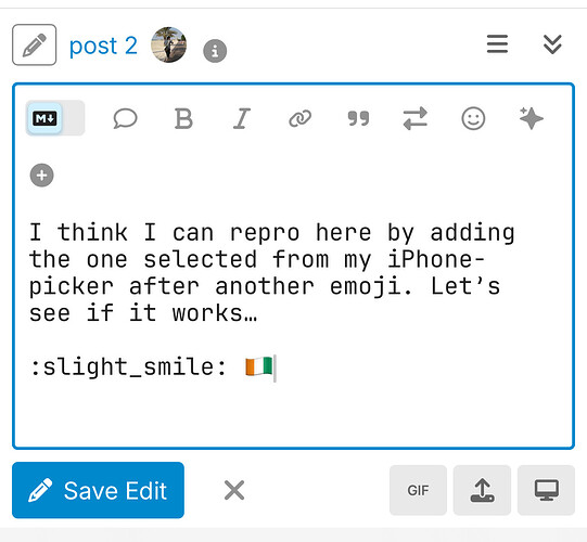 La captura de pantalla muestra una interfaz de editor de texto con un mensaje que menciona el intento del autor de agregar un emoji a su publicación, junto con un emoji de sonrisa leve y un emoji de bandera irlandesa. (Subtitulado por IA)