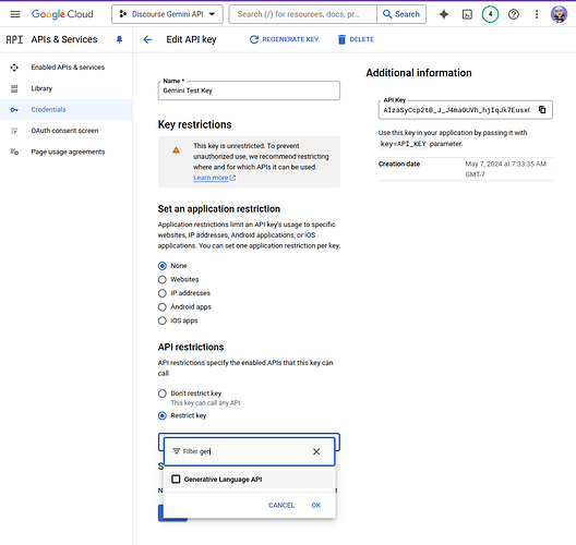 Imagen de una pantalla de ordenador con un cuadro de diálogo de clave de API de Google Cloud abierto. (Subtitulado por IA)