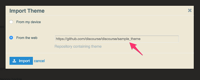 Importing a theme from GitHub in the admin customize screen