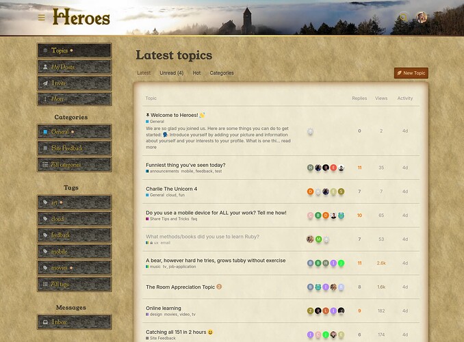 A imagem é uma captura de tela de uma interface de fórum intitulada "Hheroes", apresentando vários tópicos e categorias à esquerda e uma lista dos tópicos mais recentes com seus detalhes como respostas e visualizações. (Legenda gerada por IA)