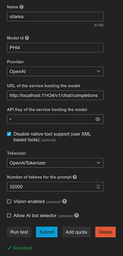 Das Bild ist ein Screenshot einer Konfigurationsoberfläche für ein Softwaremodell namens „ollama“ mit verschiedenen Einstellungen, einschließlich Name, Modell-ID, Anbieter und Servicedetails, wobei eine erfolgreiche Übermittlung durch eine grüne Nachricht „Success!“ angezeigt wird. (Beschriftet von KI)