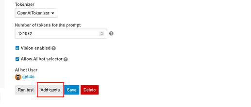 The image displays a user interface section for configuring AI settings, including a selected "gt-4o" user, an option for "Add quota," and action buttons for "Save" and "Delete," with vision and bot selector enabled. (Captioned by AI)