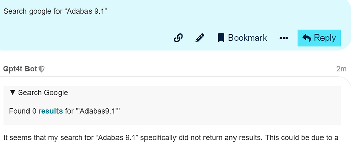 L'immagine è uno screenshot di un'interfaccia web che mostra la risposta di un bot secondo cui una ricerca su Internet per "Adabas 9.1" non ha restituito risultati.