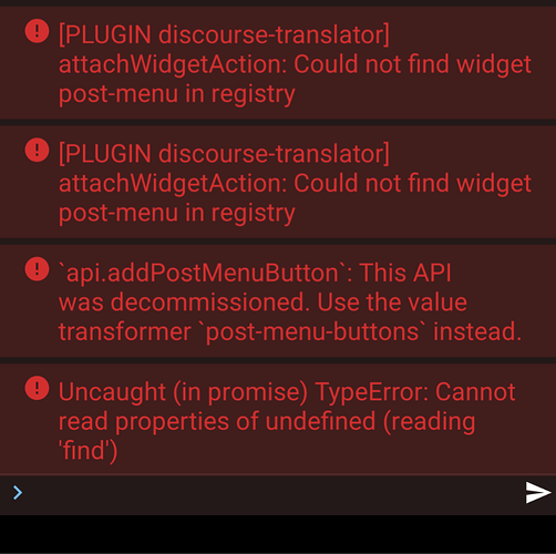 Fehlermeldungen deuten darauf hin, dass das Widget und das Post-Menü für das [discourse-translator]-Plugin fehlen und eine API zum Hinzufügen von Post-Menü-Schaltflächen stillgelegt wurde. (Beschriftet von KI)