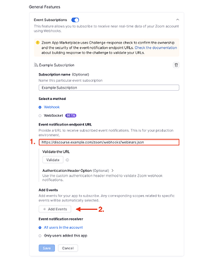 Event notification endpoint URL and "Add Events" button