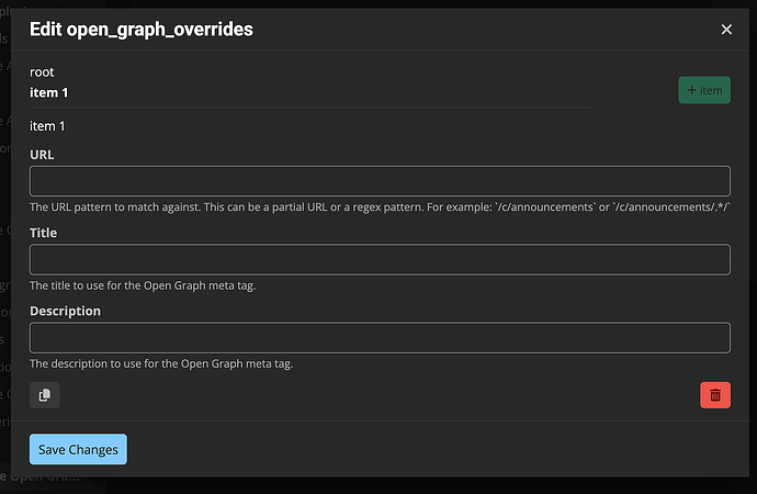 La imagen muestra una página "Editar open_graph_overrides" con campos para configurar la URL, el título y la descripción de las etiquetas meta de Open Graph, con botones para nuevos elementos y para guardar cambios. (Subtitulado por IA)