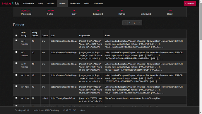 The image displays a dashboard or status page showing various statistics and details about tasks, including retries, queues, and errors encountered, with specific job names and error messages. (Captioned by AI)