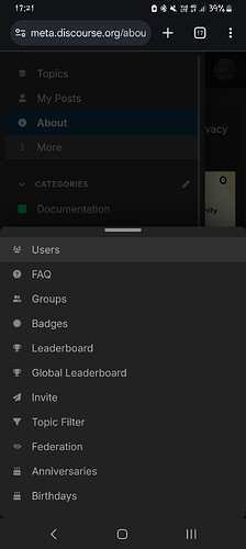تُظهر الصورة قائمة ذات سمة داكنة من موقع Meta Discord، تعرض خيارات مثل "التوثيق" و "الأسئلة الشائعة" و "المجموعات" و "الاحتفالات". (تم التعليق عليها بواسطة الذكاء الاصطناعي)