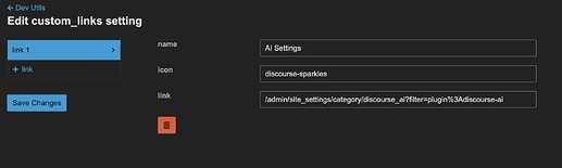 A imagem exibe uma interface gráfica de usuário com tema escuro para editar links personalizados, com campos para inserir um nome, ícone e link para um item de configuração específico intitulado "Configurações de IA". (Legenda da IA)