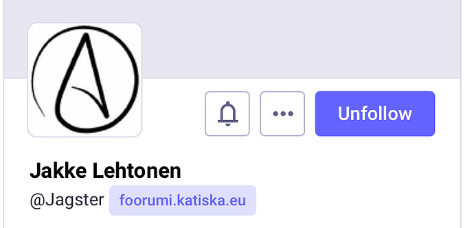 A imagem mostra uma seção de perfil de um usuário chamado Jakke Lehtonen com um ícone que se assemelha a um desenho da letra "A", ao lado de um sino e um ícone de menu suspenso, e um botão "Deixar de seguir". (Legenda gerada por IA)