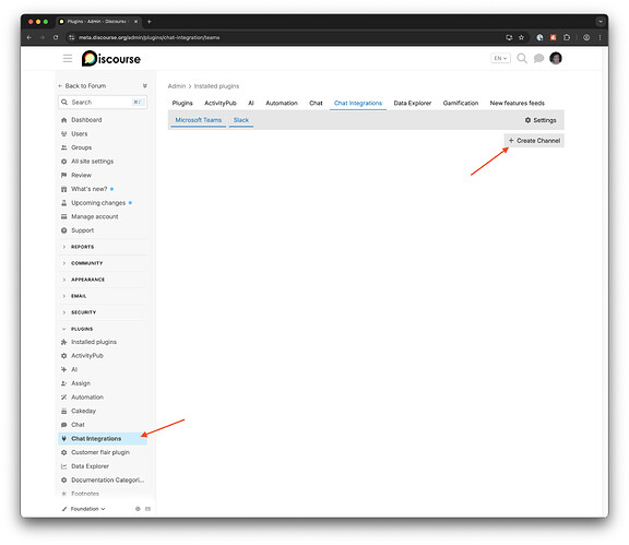 En la configuración del complemento Integraciones de chat, hacer clic en "+ Crear canal".