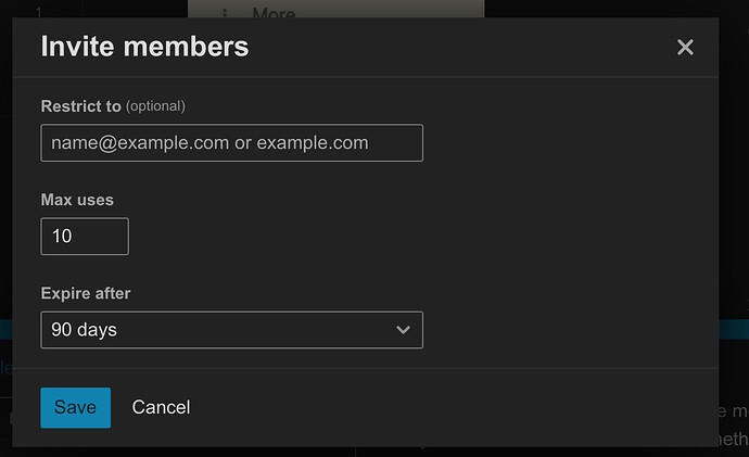 This image depicts a user interface for inviting members, featuring a prominent "Save" button. (Captioned by AI)