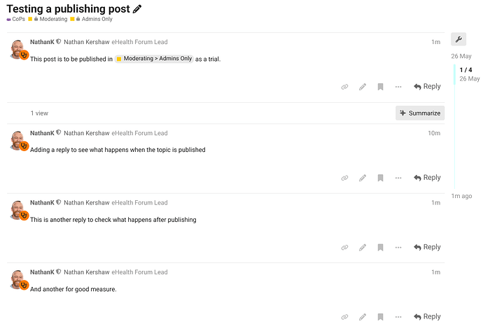 L'immagine mostra una serie di post di un utente di nome NathanK nella sezione "Moderazione" di un argomento senza nome, con un commento di prova che afferma: "Moderazione > Solo amministratori come prova". datato 26 maggio. (Didascalia dell'IA)