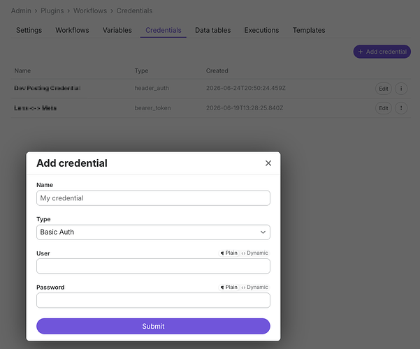 تتيح لك علامة التبويب Credentials إضافة اعتمادات يمكن استخدامها بواسطة العقد في سير عملك.