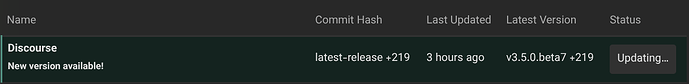 Una tabla muestra información de actualización de software para 'Discourse', mostrando su hash de commit, última hora de actualización, última versión y estado actual como 'Actualizando...'. (Subtitulado por IA)