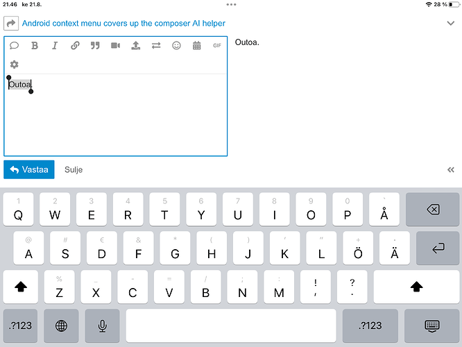 Cette image montre une capture d'écran d'un champ de saisie de texte avec les mots « Le menu de contenu Android masque l'assistant IA du compositeur » sur un clavier d'ordinateur. (Légendé par l'IA)