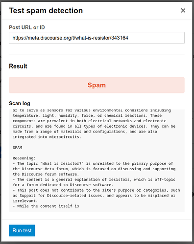 A imagem é um resultado de detecção de spam para uma publicação no fórum meta Discourse, indicando que a publicação é spam. (Legenda por IA)