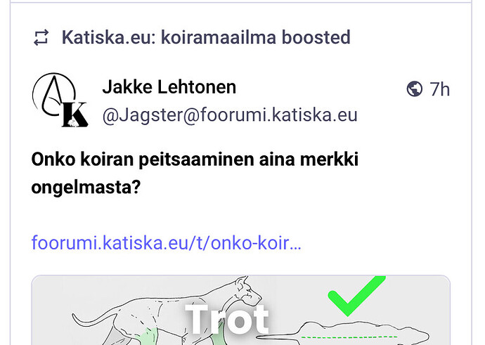 A imagem é uma captura de tela de uma postagem no fórum Katiska.eu de Jagke Lehtonen incentivando os usuários a solicitar acesso antecipado ao jogo "Trot", apresentando um desenho de linha em preto e branco de um cavalo e uma marca de seleção verde indicando aprovação. (Legenda gerada por IA)