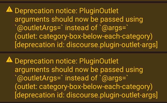 Questa immagine mostra un avviso di deprecazione per gli argomenti di PluginOutlet, che consiglia agli utenti di passarli utilizzando l'identificatore '@outletArgs' invece dell'identificatore '@args'. (Sottotitolato dall'IA)