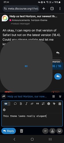 The image shows a Discord interface with a user discussing the Horizons theme, explaining they could reproduce it on an older version of Safari but not on the latest, listing issues encountered and requesting an update. (Captioned by AI)