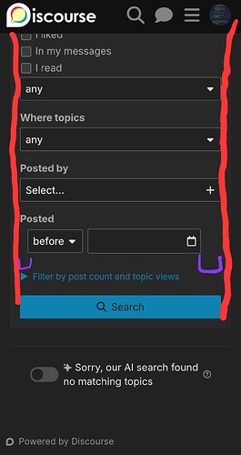 Una captura de pantalla de la interfaz de búsqueda de Discord con opciones de filtrado resaltadas y el texto "Lo sentimos, nuestra búsqueda de IA no encontró temas coincidentes". (Subtitulado por IA)