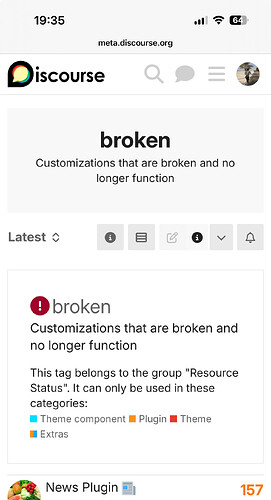 La imagen muestra una página web en metadiscourse.org con el encabezado "broken", detallando que las personalizaciones rotas ya no funcionan, y que la etiqueta pertenece al grupo "Resource Status" utilizado en componentes de temas, plugins, temas y extras. (Subtitulado por IA)