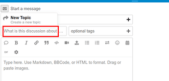 The image shows a user interface for creating a new topic on a discussion platform, with fields for the topic title and optional tags, as well as a text editor at the bottom for the message content. (Captioned by AI)