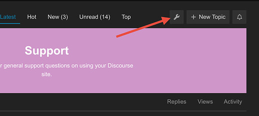 This image shows a screenshot of a website with a menu bar and a red arrow pointing to a wrench icon. The menu bar is black with white text, featuring the following categories: "Latest," "Hot," "New (3)," "Unread (14)," "Top," and "+ New Topic." The "Latest" category is currently selected, indicated by a blue underline below it. A red arrow points to a small wrench icon in a box to the right of the "Top" category. Below the menu bar is a pink rectangle with the word "Support" in white text, followed by the text "general support questions on using your Discourse site" in smaller white font. The background of the image is black. (Captioned by AI)