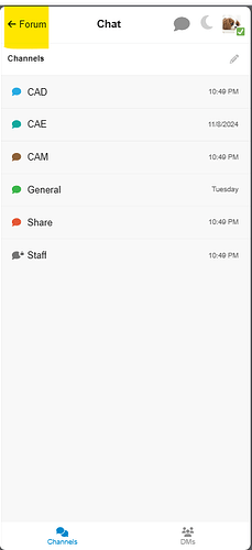 The image shows a chat interface with several channels titled CAD, CAE, CAM, General, Share, and Staff, with timestamps ranging from 10:40 PM to November 8, 2024. (Captioned by AI)