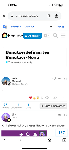 Une capture d'écran d'une page Web de meta.discourse.org montrant un utilisateur nommé nolo, présenté comme « Theme Author », qui a créé un composant d'interface utilisateur appelé « Benutzerdefiniertes Benutzer-Menü », sans réponses en fil de discussion et diverses options d'engagement social ci-dessous. (Légendé par l'IA)