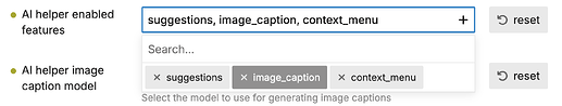 AIヘルパーが有効になっているインターフェイスが表示され、キャプション生成のための「suggestions」、「image_captions」、「context_menu」などのツールの選択オプションが特徴です。(AIによるキャプション)