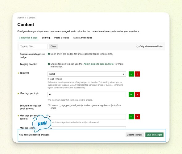 This image shows a Content settings screen where tags can be configured on a website, with options for suppressing uncategorized items and setting max tags per topic and email subject. (Captioned by AI)