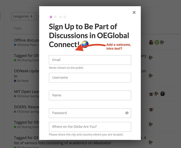Un formulaire d'inscription pour OEGlobal Connect demande aux utilisateurs d'entrer leur adresse e-mail, nom d'utilisateur, nom, mot de passe et détails de localisation. (Légendé par l'IA)