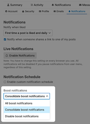 Boosts notification preferences