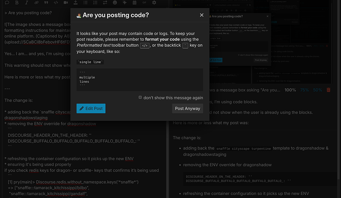 L'image montre une boîte de message demandant "Postez-vous du code ?" et fournissant des instructions de formatage pour maintenir la lisibilité lors de la publication de code ou de journaux sur une plateforme en ligne. (Légendé par l'IA)