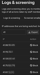 これは、ブロックされているIPアドレスのリストを表示するログとスクリーニングダッシュボードを表示する画像です。（AIによるキャプション）