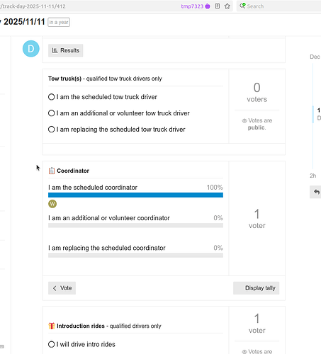 A screenshot showing a voting interface with options for towing, coordination, and introduction rides, with the coordinator selected as the scheduled coordinator. (Captioned by AI)