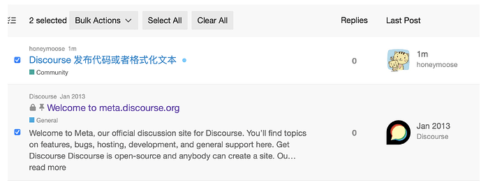 Une capture d'écran d'une page de forum montrant deux sujets : l'un sur la publication de code ou de texte formaté et l'autre sur un site de discussion meta pour Discourse. (Légendé par l'IA)