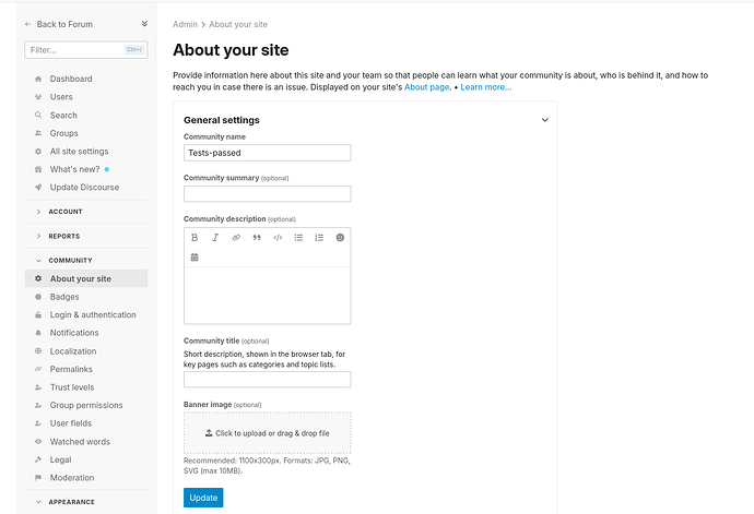 Esta imagem mostra uma interface de usuário para configurar as configurações de Sobre seu site em um site, incluindo campos para nome da comunidade, resumo, título e imagem de banner. (Legenda por IA)