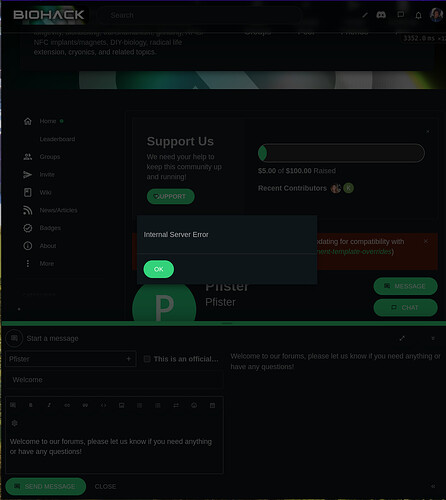 L'immagine mostra una pagina del forum con una finestra popup che visualizza un messaggio di Errore interno del server, interrompendo la visualizzazione di una petizione di supporto per fondi. (Didascalia dell'IA)