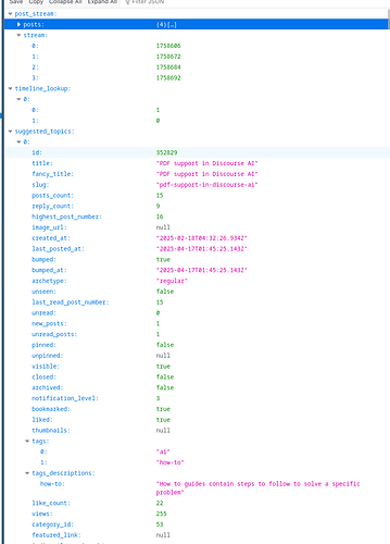 Esta imagem exibe uma seção de um arquivo JSON, detalhando a estrutura e o conteúdo de posts, timestamp, tópicos sugeridos e informações de tags. (Legenda por IA)