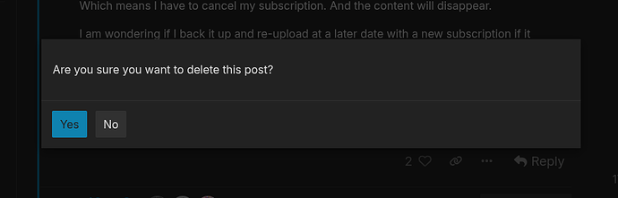 A imagem mostra um pop-up preto pedindo para confirmar a exclusão de uma postagem de uma plataforma de mídia social. (Legenda por IA)