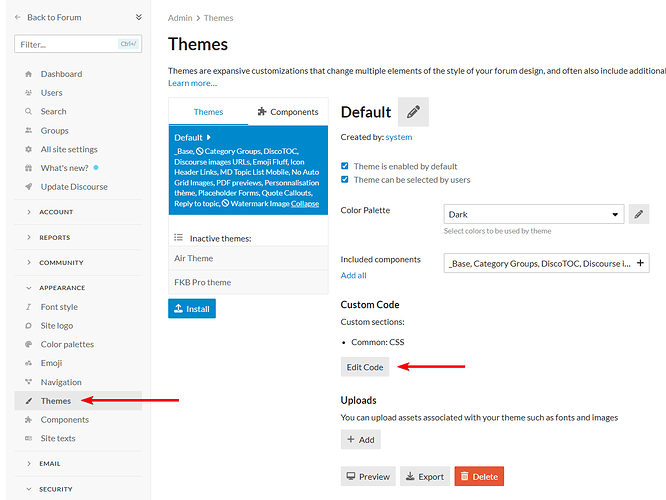 Esta imagen muestra una página de configuración para personalizar el tema de un foro, destacando las opciones para la selección del tema predeterminado, paletas de colores y la capacidad de cargar activos relacionados con el tema. (Subtitulado por IA)