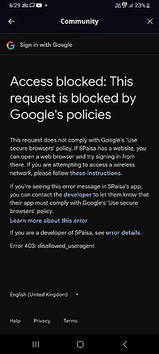 Una pantalla de smartphone muestra un mensaje de acceso bloqueado de Google, indicando que la solicitud viola las políticas de Google y ofreciendo pasos para la solución de problemas. (Subtitulado por IA)