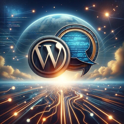 DALL·E 2023-11-04 10.50.25 - Create a futuristic image that depicts the integration of two popular online platforms, symbolized by their iconic logos. The WordPress logo, a simple