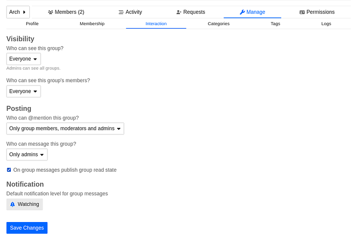 تعرض الصورة صفحة إعدادات مجموعة على نظام CRM مع خيارات لتخصيص رؤية المجموعة، وأذونات النشر، ومستويات الإشعارات. (تم التعليق بواسطة الذكاء الاصطناعي)