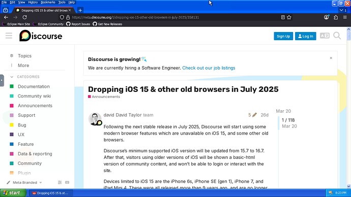 L'immagine mostra il sito Discord che annuncia la cessazione del supporto per iOS 15 e browser precedenti a luglio 2025. (Didascalia dell'IA)