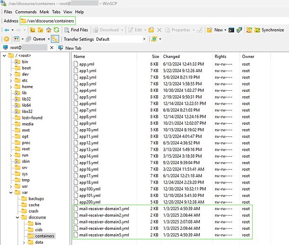 Una finestra WinSCP che mostra una struttura di directory con vari file, inclusi diversi file "mail-receiver-domain1.yml" evidenziati. (Didascalia dell'IA)