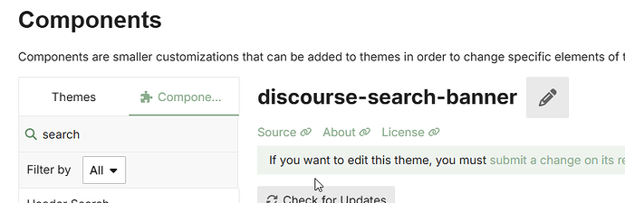 A imagem exibe uma interface de página da web para "discourse-search-banner", mostrando componentes que podem ser personalizados dentro de um tema. (Legenda da IA)