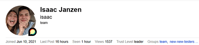 The image shows a profile picture, accompanied by a name "Isaac Janzen", and some details about the user's activity, trust level and group membership. (Captioned by AI)